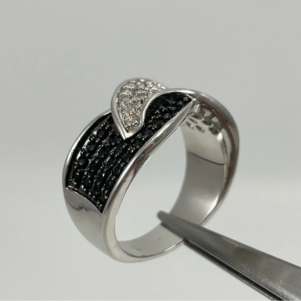 Ring Black White Diamond CZ Silver Plated Wide Ring Band Classic Timeless